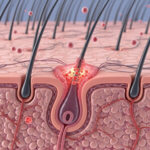 Microscopic view of an inflamed human hair follicle, illustrating cellular damage contributing to hair loss in Riverside, Redlands, Rancho Cucamonga, Ontario, and Palm Springs.